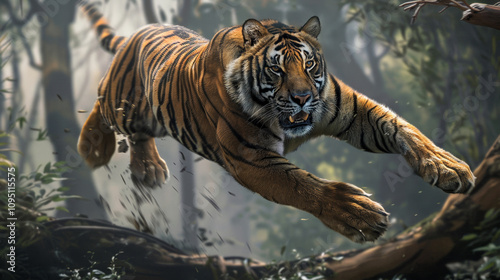 Angry tiger runs along a path in the jungle and jumps over a fallen tree. Wild predator during the hunt. photo