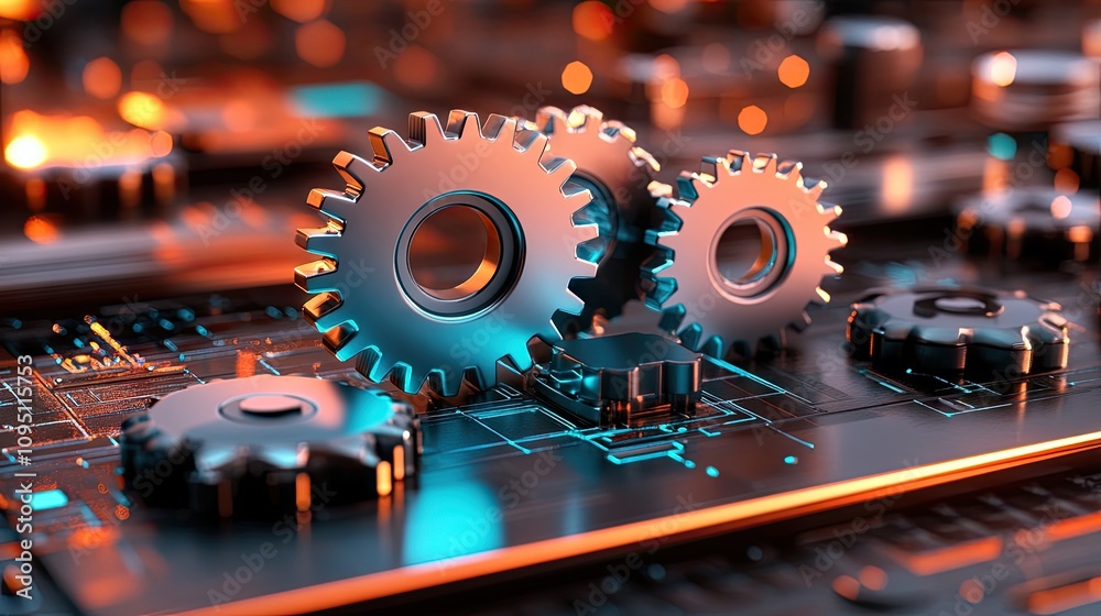Fototapeta premium Abstract Representation of Modern Technology with Metallic Gears and Circuit Board Design Featuring Glowing Elements for Futuristic Conceptual Imagery