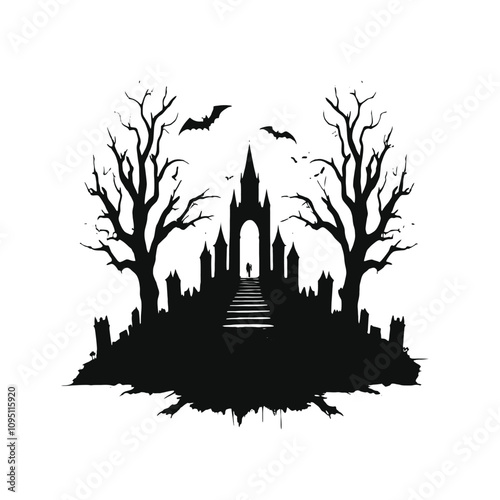 A dark silhouette of a haunted city skyline with a full moon, bare trees, and bats flying overhead.