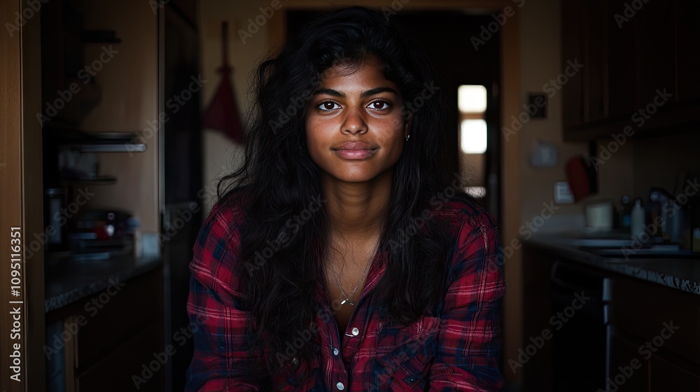 Portrait of a young woman with long dark hair and a confident expression sitting in a cozy kitchen, wearing a checkered flannel shirt, evoking warmth and authenticity in natural light. Portrait of a young woman with long dark hair and a confident expression sitting in a cozy kitchen, wearing a checkered flannel shirt, evoking warmth and authenticity in natural light.