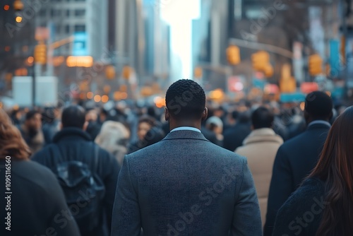 Grey Suit, City Commute Anonymous Figures in Skyscrapers Shadow