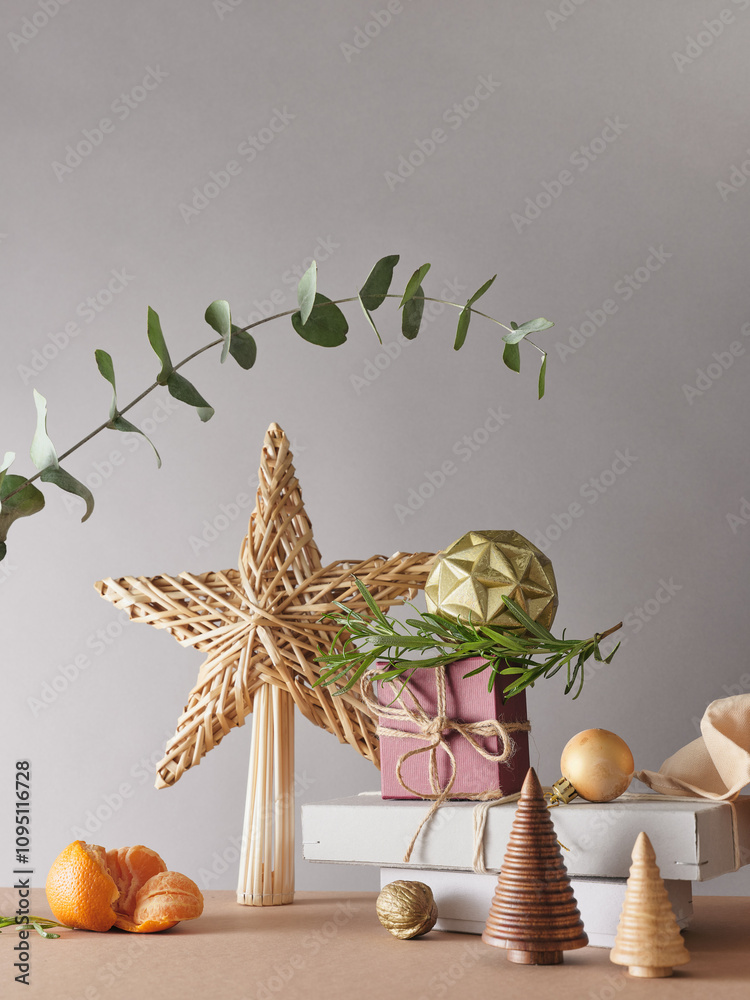 Creative still life with holiday decorations and gifts. Neutral background, copy space Creative still life with holiday decorations and gifts. Neutral background, copy space