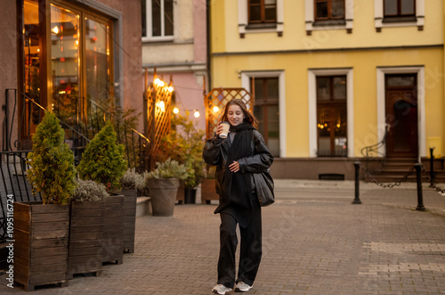 Young Girl Walks With Coffee In Autumn Evening City