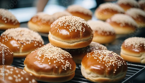 Fresh buns with sesame in the bakery. Close up. 