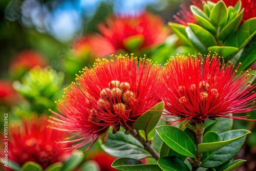 Stunning Product Photography of Ohia Lehua: Captivating Red Flowers Showcasing Nature's Beauty in a Bright, Natural Light Setting, Perfect for Botanical Enthusiasts and Decor Lovers