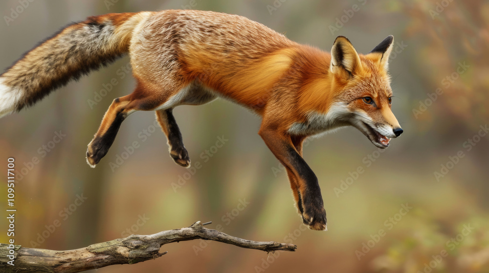 Fototapeta premium Red fox jumping over a branch in the forest. Wild predator during the hunt.