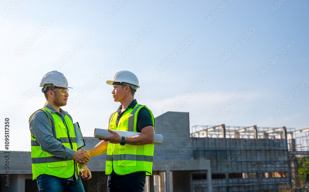 Two construction engineers shook hands, delighted that they had worked together successfully. Two construction engineers shook hands, delighted that they had worked together successfully.
