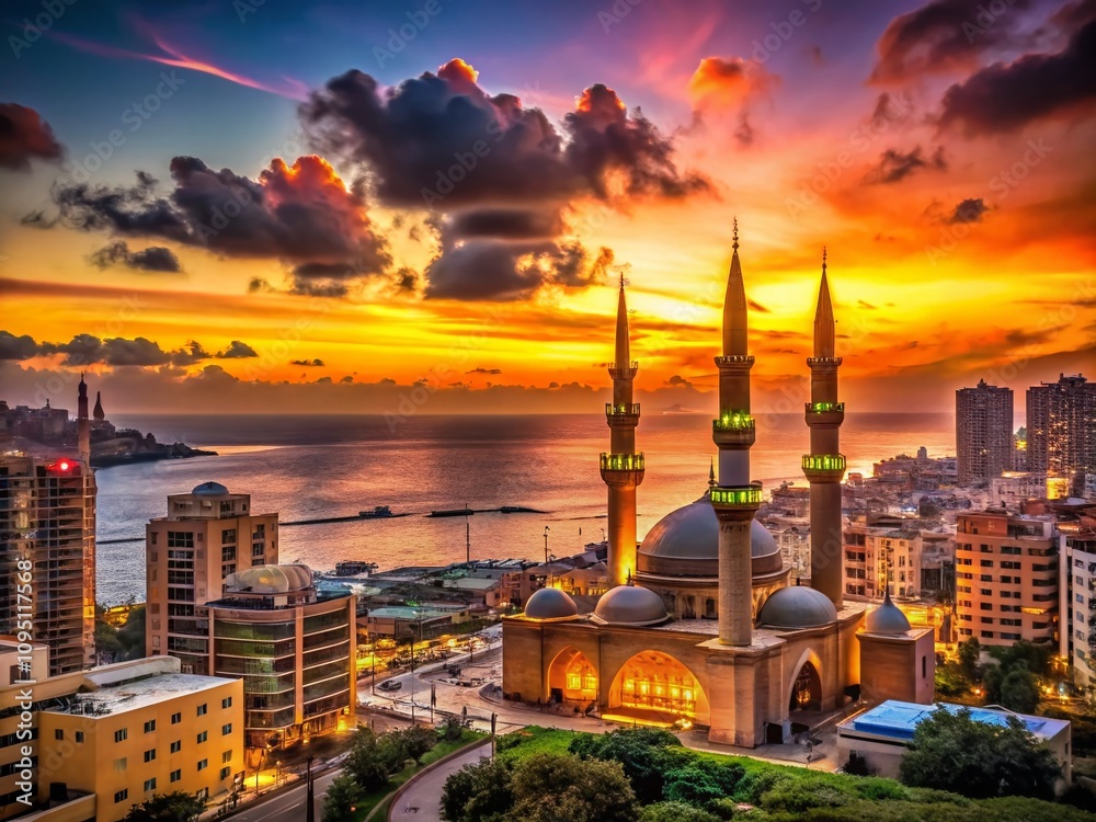 Obraz premium Stunning Silhouette of Beirut, the Capital of Lebanon, Against a Vibrant Sunset Sky Showcasing Iconic Landmarks and the Mediterranean Sea's Serene Beauty