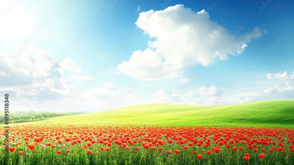 Vibrant Field of Red Tulips Under Bright Blue Sky with Fluffy Clouds and Lush Green Hills in the Background - Stunning Nature Landscape Vibrant Field of Red Tulips Under Bright Blue Sky with Fluffy Clouds and Lush Green Hills in the Background - Stunning Nature Landscape