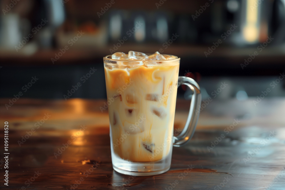 ice latte in transparent clear glass mug, selective focus ice latte in transparent clear glass mug, selective focus