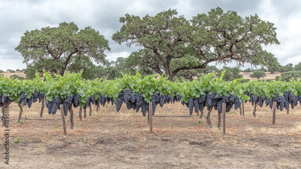 Fototapeta premium Lush Vineyard Landscape Under Overcast Sky Featuring Ripe Grapes Hanging from Rows of Healthy Vines Surrounded by Majestic Oak Trees in Serene Countryside Setting