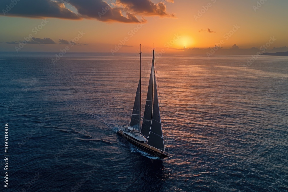 Fototapeta premium A sailboat sailing in the middle of the ocean at sunset