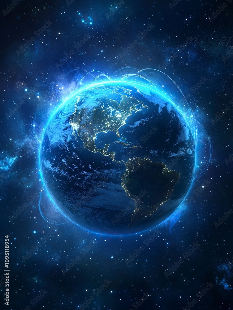 Night planet earth from space with light lines of communication and connection. Business and finance, concept. Global communications system and the World Wide Web. Night planet earth from space with light lines of communication and connection. Business and finance, concept. Global communications system and the World Wide Web.