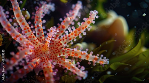 A detailed view of a coral reef with numerous tiny spots