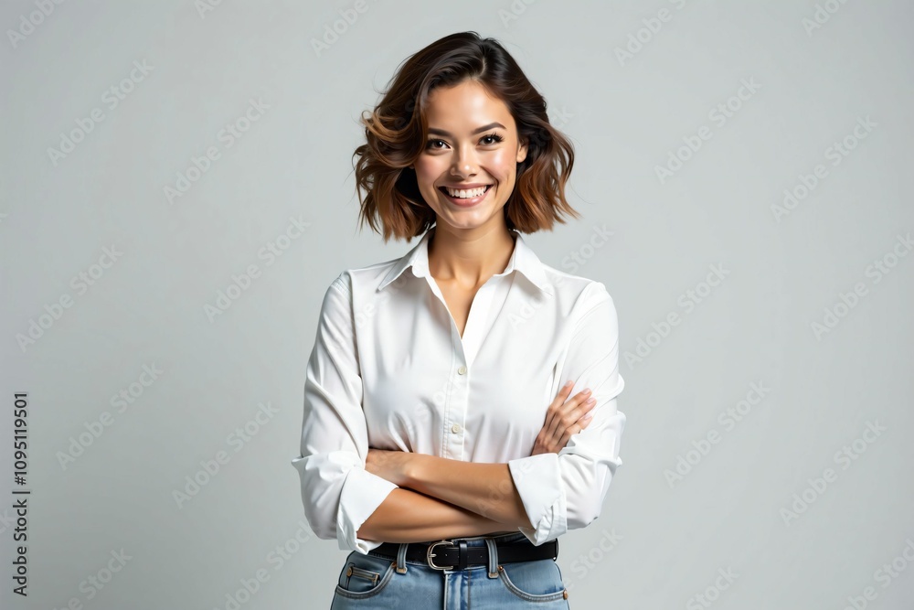 Professional Portrait of a Confident and Happy Woman in Modern Office Attire Professional Portrait of a Confident and Happy Woman in Modern Office Attire