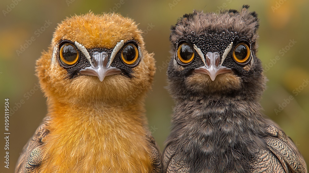 Fototapeta premium Two adorable baby birds, one golden, one dark, with striking orange eyes, side by side.