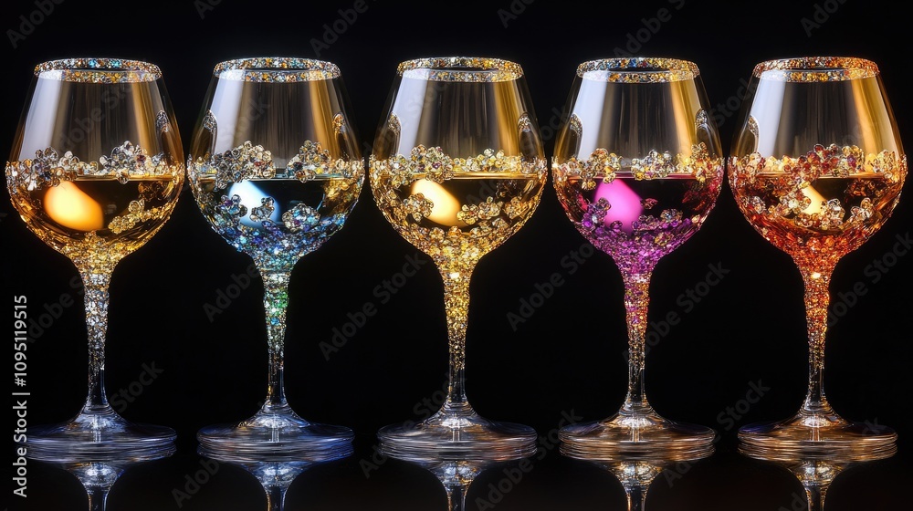 Sparkling Wine Glasses Displaying Colorful Bubbles and Pearls Against a Dark Background, Perfect for Celebratory and Festive Themes in Stock Photography Sparkling Wine Glasses Displaying Colorful Bubbles and Pearls Against a Dark Background, Perfect for Celebratory and Festive Themes in Stock Photography
