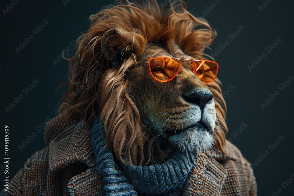 Close-up of a lion wearing sunglasses, great for fashion or wildlife-themed designs Close-up of a lion wearing sunglasses, great for fashion or wildlife-themed designs
