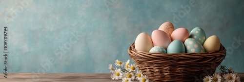 easter egg display, a basket full of festive eggs on rustic wood, surrounded by daisies and room for text photo