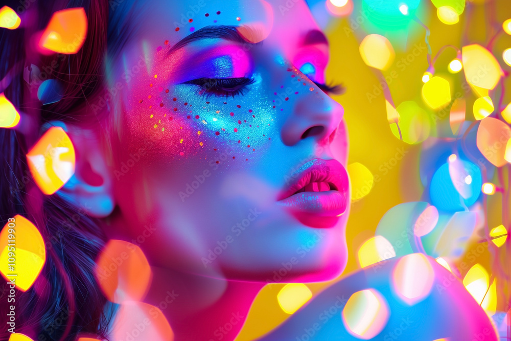 high fashion model woman in colorful bright lights and multicolored sequins on face close-up high fashion model woman in colorful bright lights and multicolored sequins on face close-up