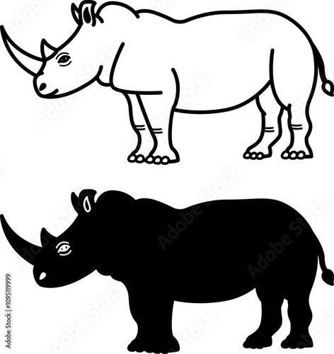 Rhino Icons. Black and White Vector Illustration. Large Mammal. Rhinoceros with Massive Body, Thick Limbs, and Horn on Muzzle. For Coloring Book Design. Animal Concept