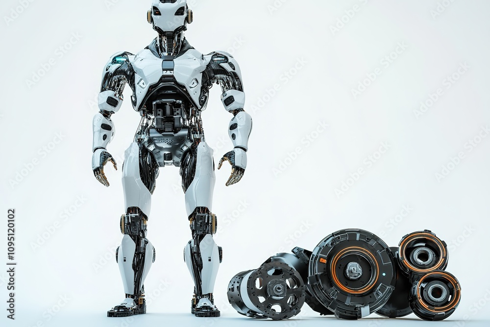 Robot with disassembled parts on white background