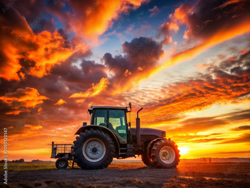 Obraz premium Stunning Tractor Silhouette Against a Vibrant Sunset Sky Perfect for Agricultural and Farming Themes in Product Photography