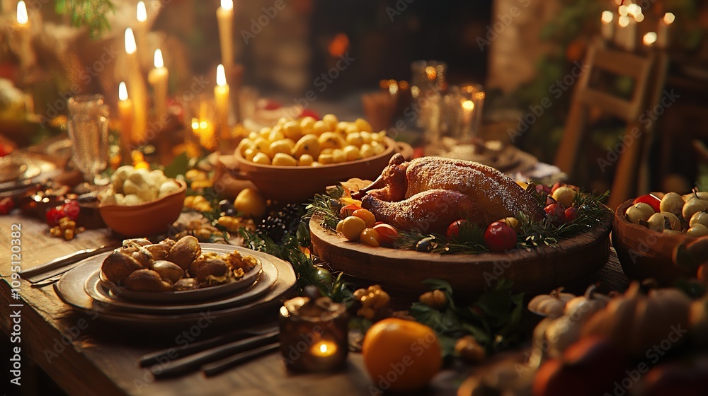 A festive dining table adorned with a roast turkey and seasonal fruits. A festive dining table adorned with a roast turkey and seasonal fruits.