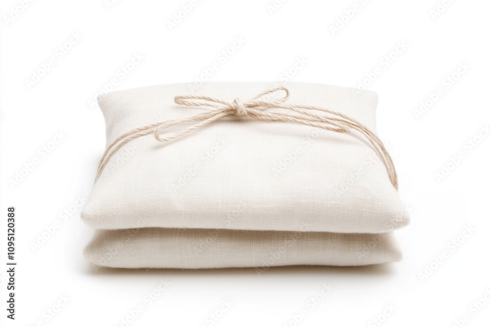 A pair of pillows tied together with twine, possibly used as a decorative display or a creative storage solution A pair of pillows tied together with twine, possibly used as a decorative display or a creative storage solution