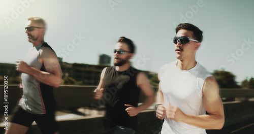 Fotografía Fitness, men and running in city with speed, motion and cardio challenge in group