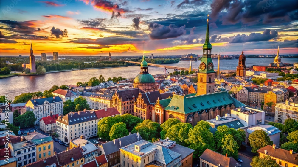 Naklejka premium Stunning View of Riga's Architectural Wonders with a Historic Touch and Lush Greenery in the Foreground, Perfect for Showcasing Latvia's Rich Cultural Heritage