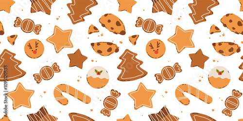 Christmas Gingerbread Cookies seamless pattern. Winter sweet homemade biscuits in different shapes.