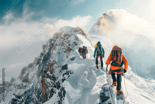 group of climbers climbs high a mountain covered with snow