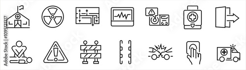 Set icons related to emergency. Linear icon collection. Editable stroke. Vector illustration