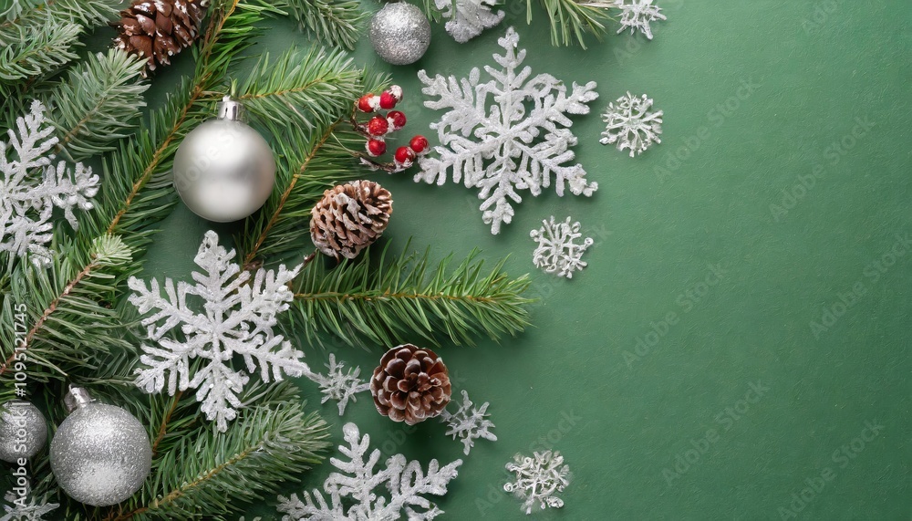 Elegant Christmas composition featuring pine branches, pinecones, and an assortment of ornaments on a rich green background with a dusting of snow for a festive touch.