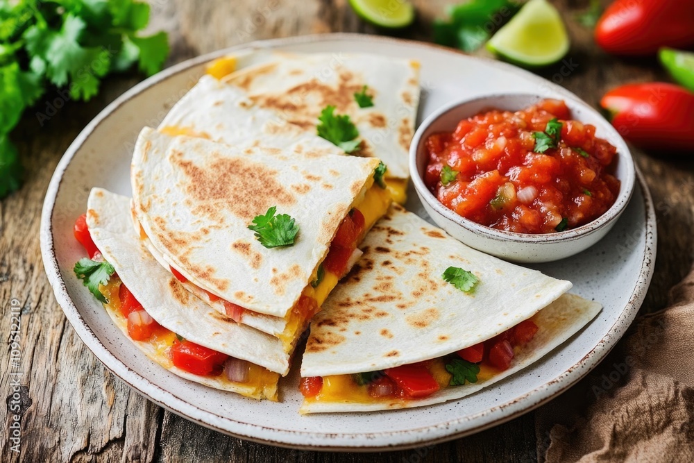 A plate of quesadillas served with a bowl of spicy salsa A plate of quesadillas served with a bowl of spicy salsa