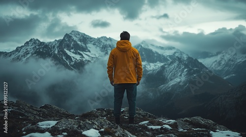 A person in a yellow jacket gazes at majestic mountains under a cloudy sky.