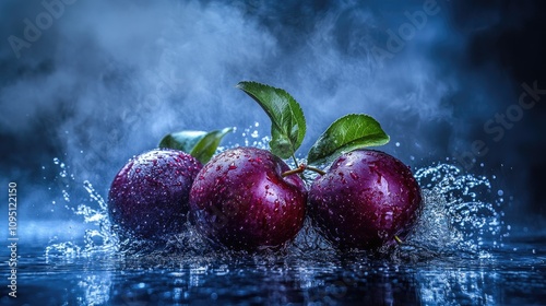 Fresh Red Plums Surrounded by Water Droplets and Mist in a Dark Background, Emphasizing Water Splashing and Vibrant Colors for Artistic Fruit Photography