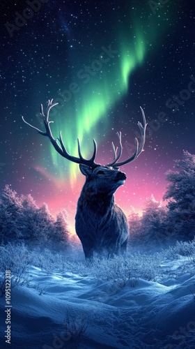 Majestic Stag Under Northern Lights in Snowy Forest at Night with Starry Sky - Captivating Winter Wildlife Photography and Stunning Aurora Borealis Display