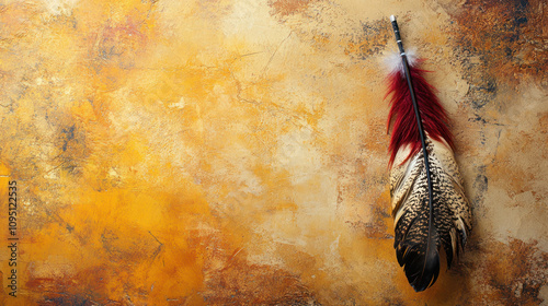 artistic background featuring native american feather on textured orange canvas photo