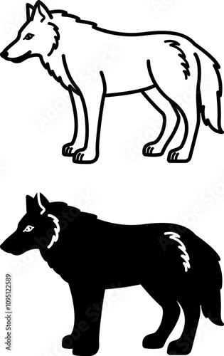 Wolf Icons. Black and White Vector Illustrations. Large Predatory Mammal. Symbol of Devotion and Fearlessness. For Coloring Book Design. Animal Concept