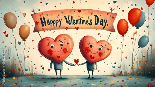 A playful illustration in a retro cartoon style of two animated hearts holding hands while walking under a banner that says 
