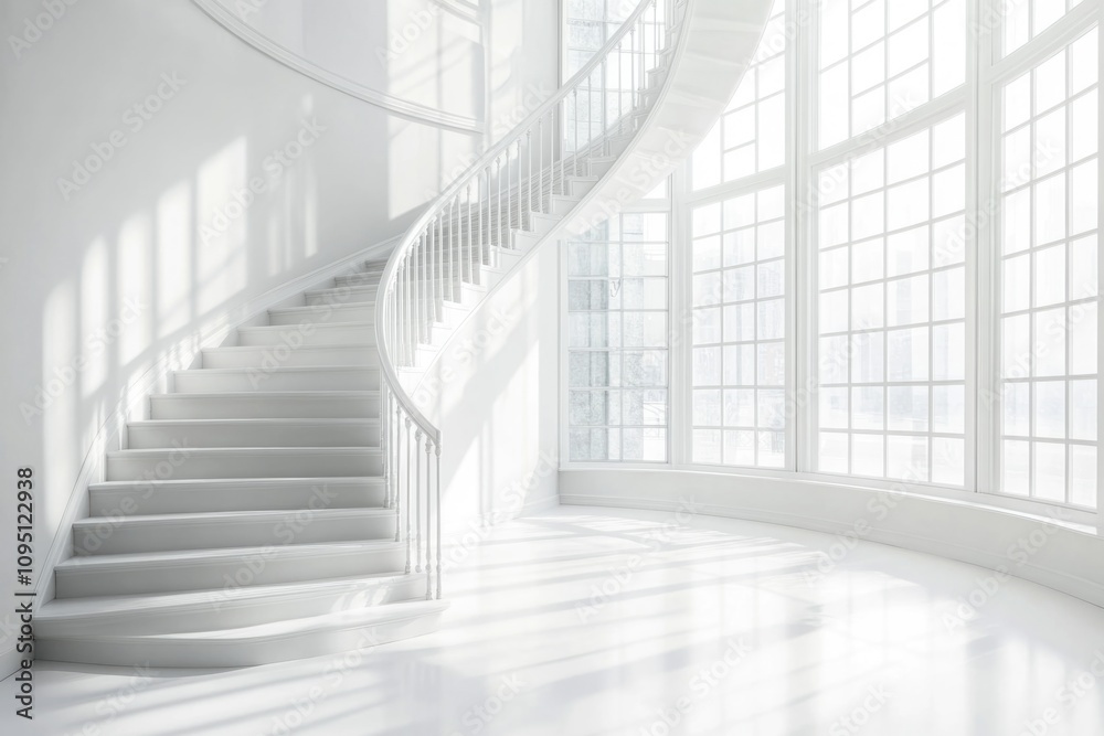 Fototapeta premium A spiral staircase in a white room with large windows, perfect for interior design or architecture photoshoots