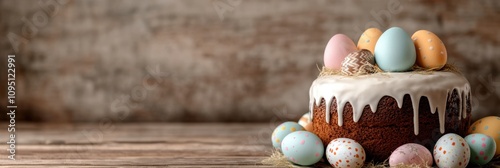 easter baking theme, vintage kitchen with a rustic wooden table hosting colorful eggs and an easter cake, creating a charming setting for text photo