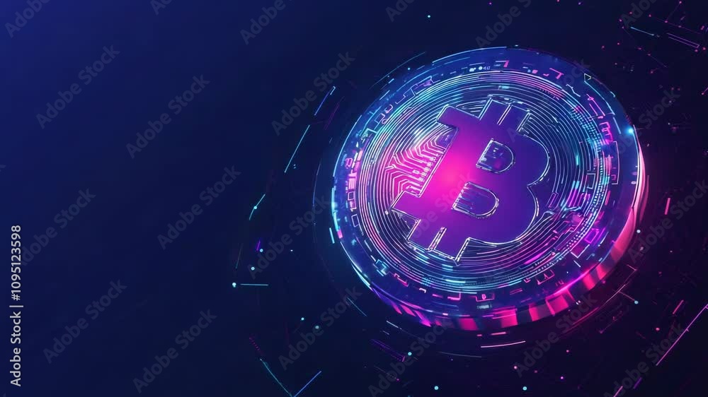 Purple glowing bitcoin coin on a dark blue background. Cryptocurrency visual design featuring neon token with btc logo. Mining, blockchain motion graphics. Modern crypto wallet advertisement concept.