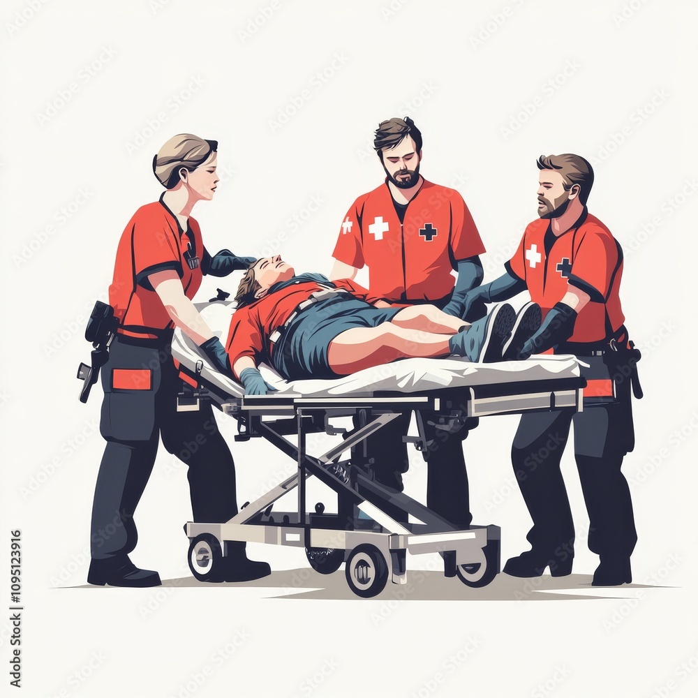 Emergency medical technicians give first aid to a patient on a stretcher. The illustration shows a rescue scene. Emergency medical technicians give first aid to a patient on a stretcher. The illustration shows a rescue scene.
