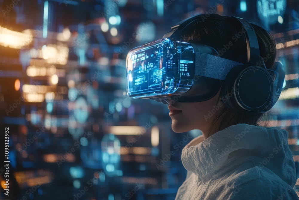 Woman Experiencing Immersive Virtual Reality Headset Technology Woman Experiencing Immersive Virtual Reality Headset Technology