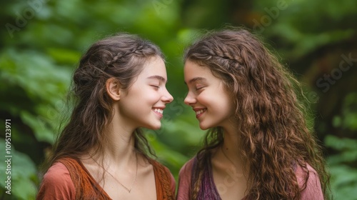 Serene Twin Sisters Embracing Inner Peace Amidst Lush Forest Greenery