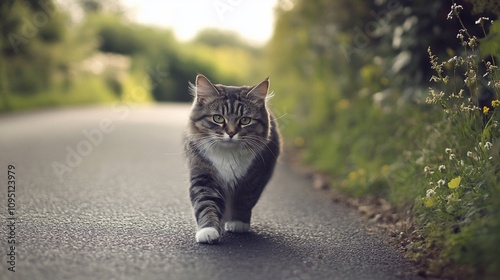 A tabby cat walks down a country road with green foliage on either side.