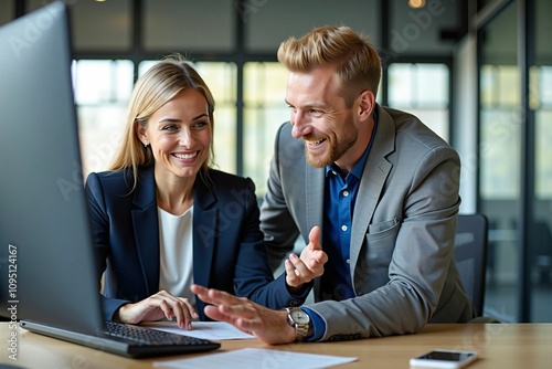 Smiling Business Professionals Collaborating on a Project at a Modern Office Workspace